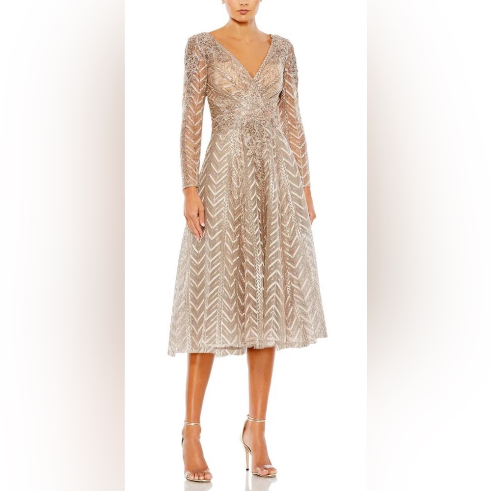 Mac Duggal Beige Embroidered Midi Dress